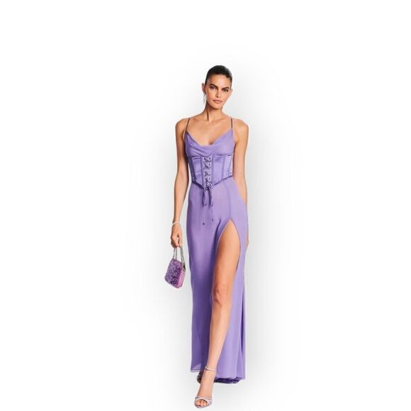 Retrofête Larissa Silk Corset  Maxi Dress – Dusty Lilac, Lace‑Up Bodice - Picture 1 of 15